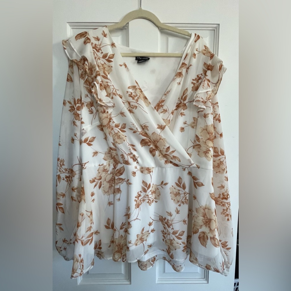 Floral Wrap Blouse in White and Brown